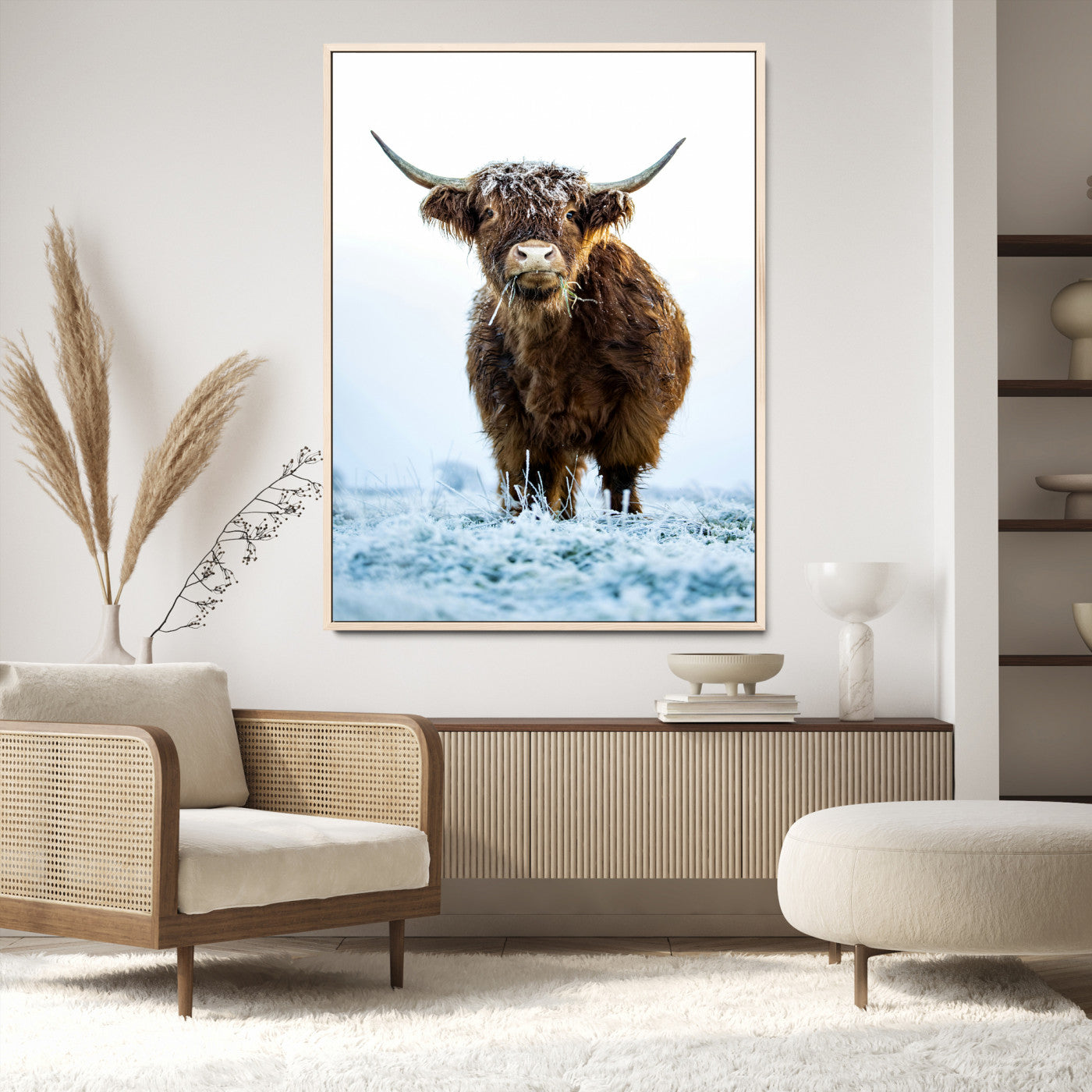 13375128-MGV-CV-36X24-Highland Cow Canvas Print, Frosty Grass Print, Framed Winter Scene Art Print, Large Horned Animal Printing Rustic Farmhouse,