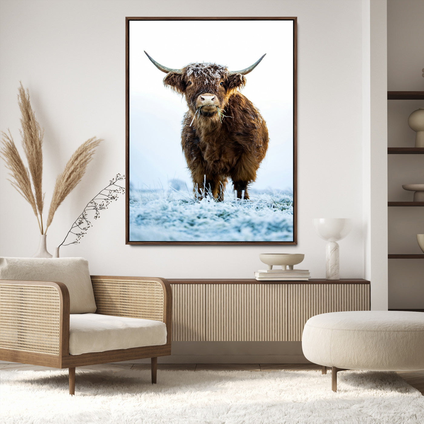 13375128-MGV-CV-36X24-Highland Cow Canvas Print, Frosty Grass Print, Framed Winter Scene Art Print, Large Horned Animal Printing Rustic Farmhouse,