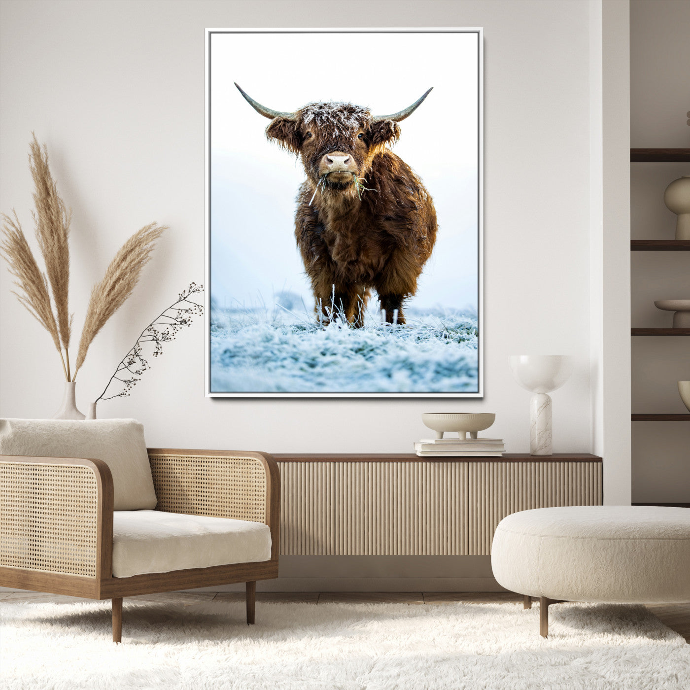 13375128-MGV-CV-36X24-Highland Cow Canvas Print, Frosty Grass Print, Framed Winter Scene Art Print, Large Horned Animal Printing Rustic Farmhouse,