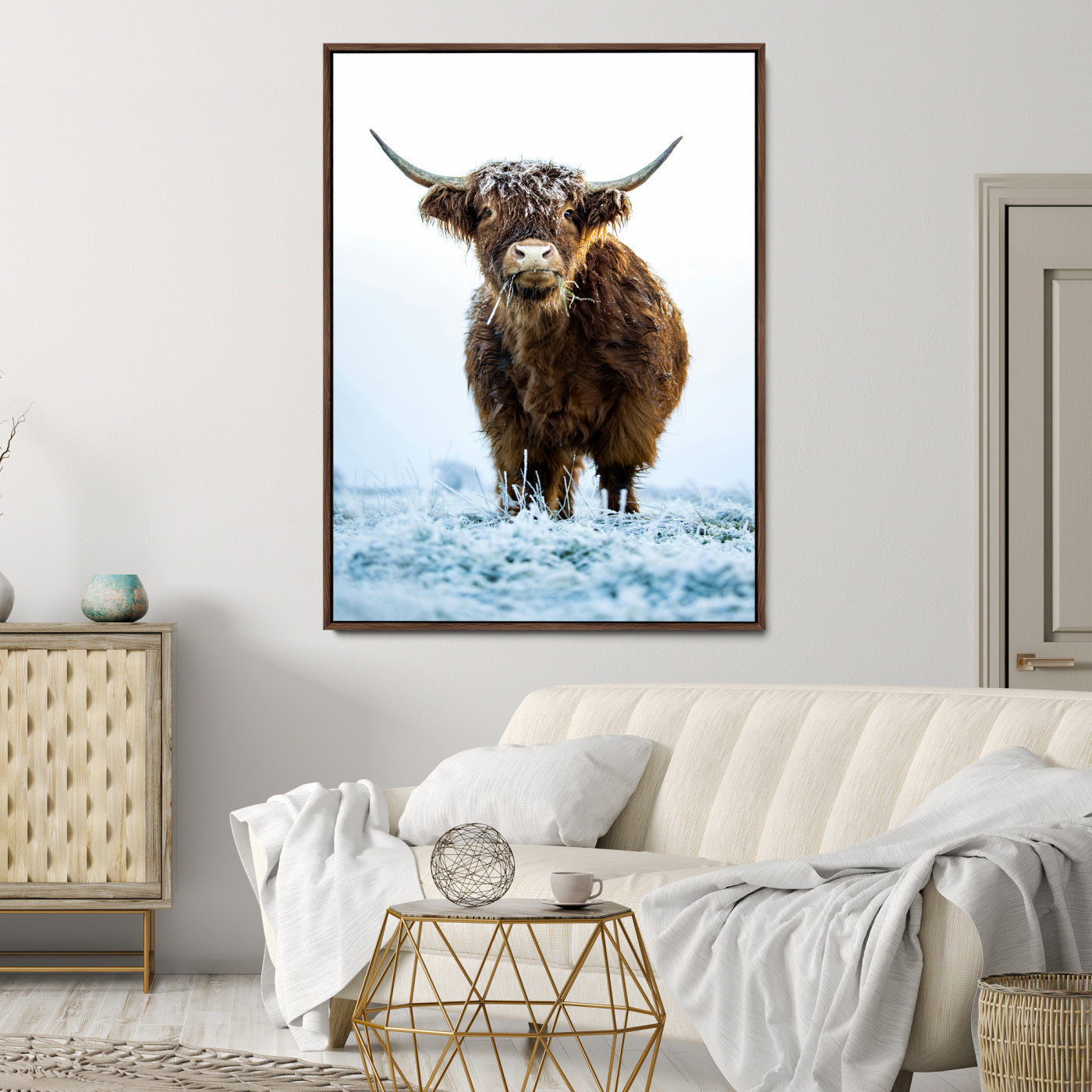 13375128-MGV-CV-36X24-Highland Cow Canvas Print, Frosty Grass Print, Framed Winter Scene Art Print, Large Horned Animal Printing Rustic Farmhouse,