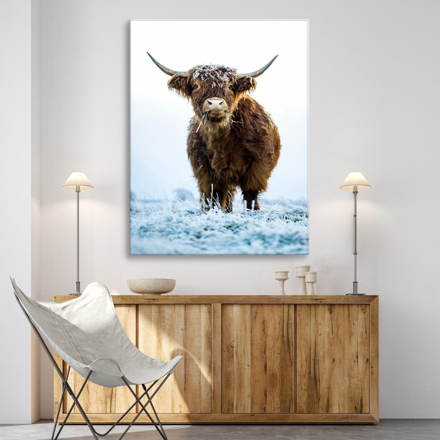13375128-MGV-CV-36X24-Highland Cow Canvas Print, Frosty Grass Print, Framed Winter Scene Art Print, Large Horned Animal Printing Rustic Farmhouse,