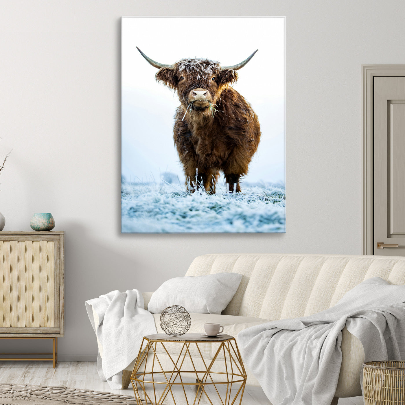 13375128-MGV-CV-36X24-Highland Cow Canvas Print, Frosty Grass Print, Framed Winter Scene Art Print, Large Horned Animal Printing Rustic Farmhouse,
