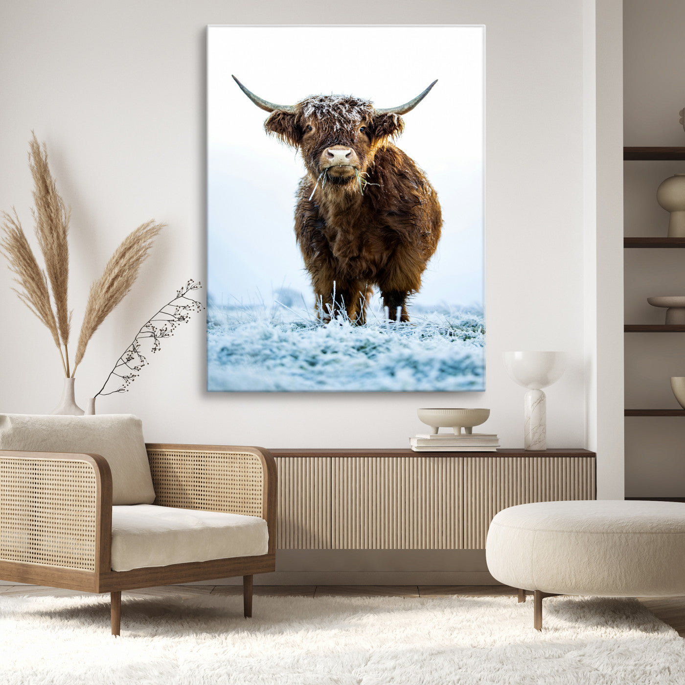 13375128-MGV-CV-36X24-Highland Cow Canvas Print, Frosty Grass Print, Framed Winter Scene Art Print, Large Horned Animal Printing Rustic Farmhouse,
