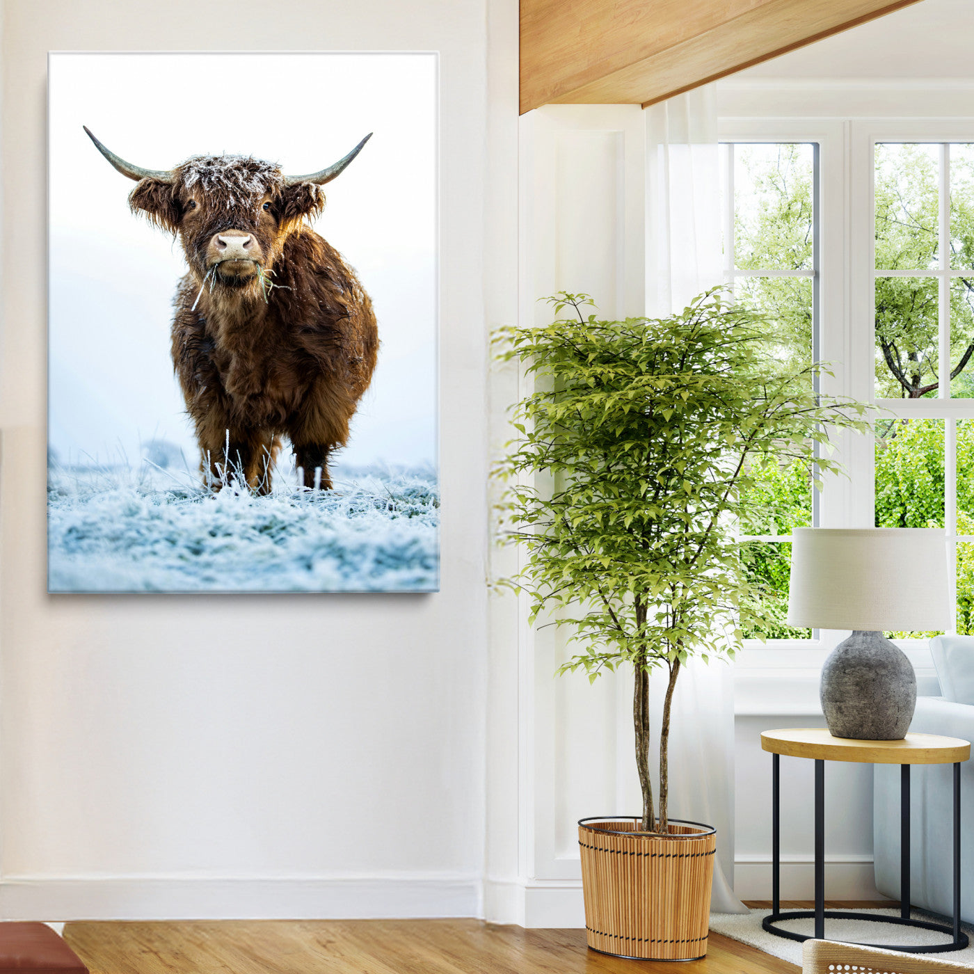 13375128-MGV-CV-36X24-Highland Cow Canvas Print, Frosty Grass Print, Framed Winter Scene Art Print, Large Horned Animal Printing Rustic Farmhouse,