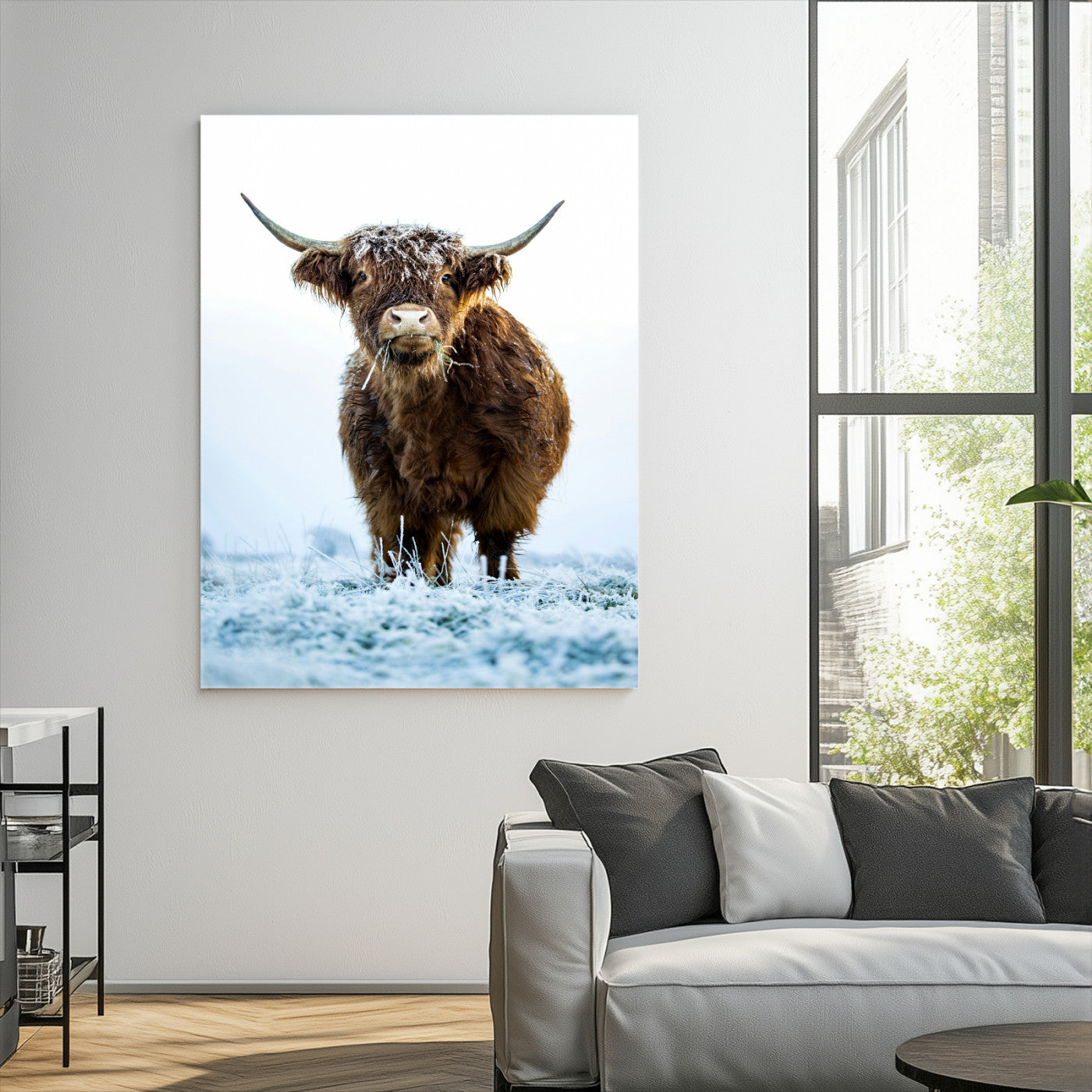 13375128-MGV-CV-36X24-Highland Cow Canvas Print, Frosty Grass Print, Framed Winter Scene Art Print, Large Horned Animal Printing Rustic Farmhouse,