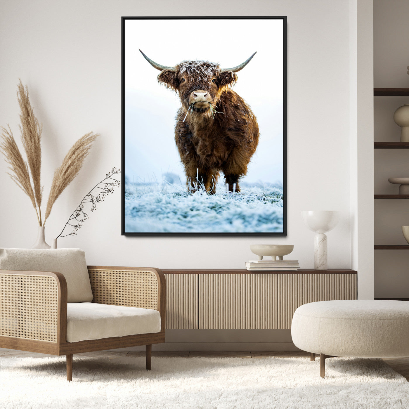 13375128-MGV-FC-36X24_Black-Highland Cow Canvas Print, Frosty Grass Print, Framed Winter Scene Art Print, Large Horned Animal Printing Rustic Farmhouse,