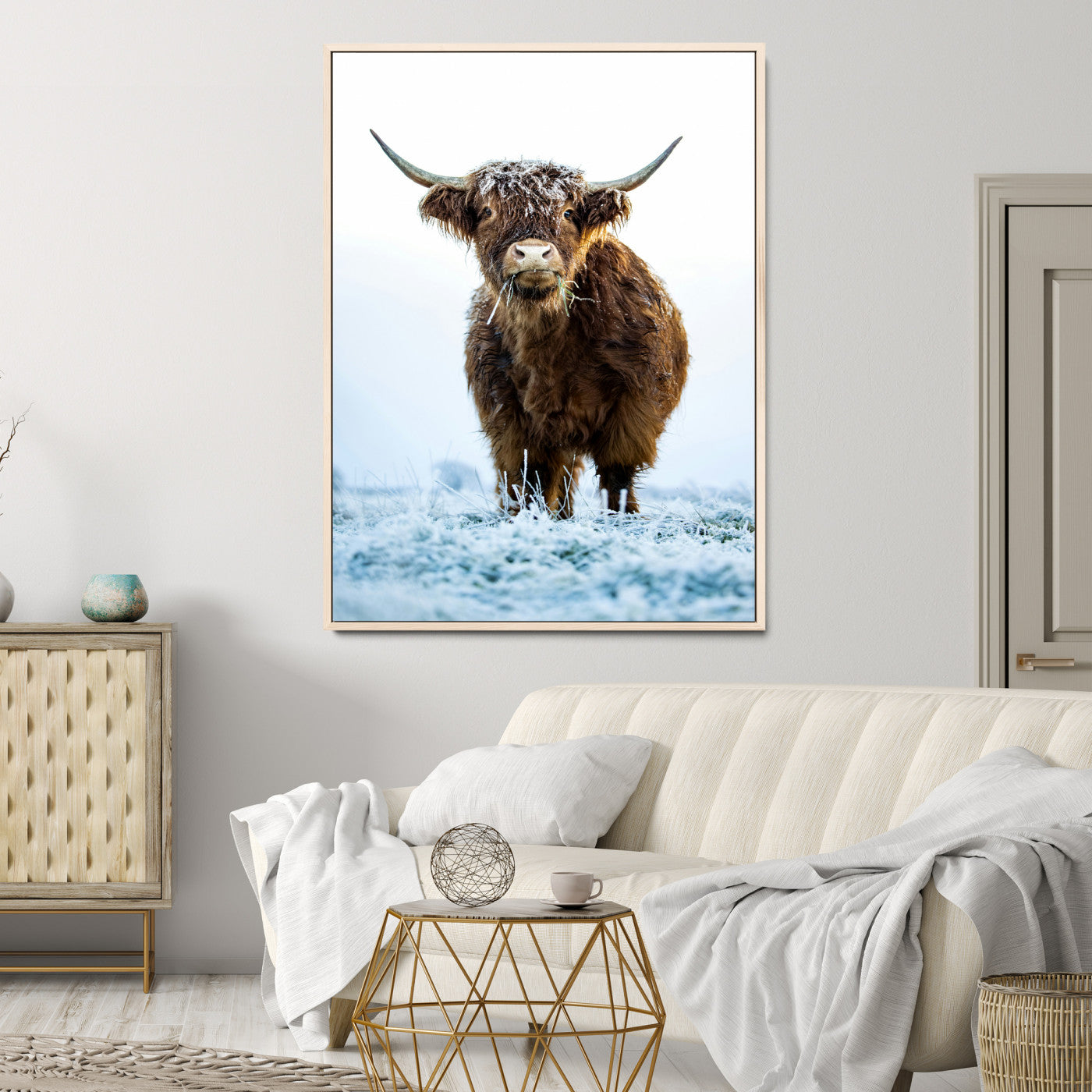 13375128-MGV-FC-36X24_Natural-Highland Cow Canvas Print, Frosty Grass Print, Framed Winter Scene Art Print, Large Horned Animal Printing Rustic Farmhouse,