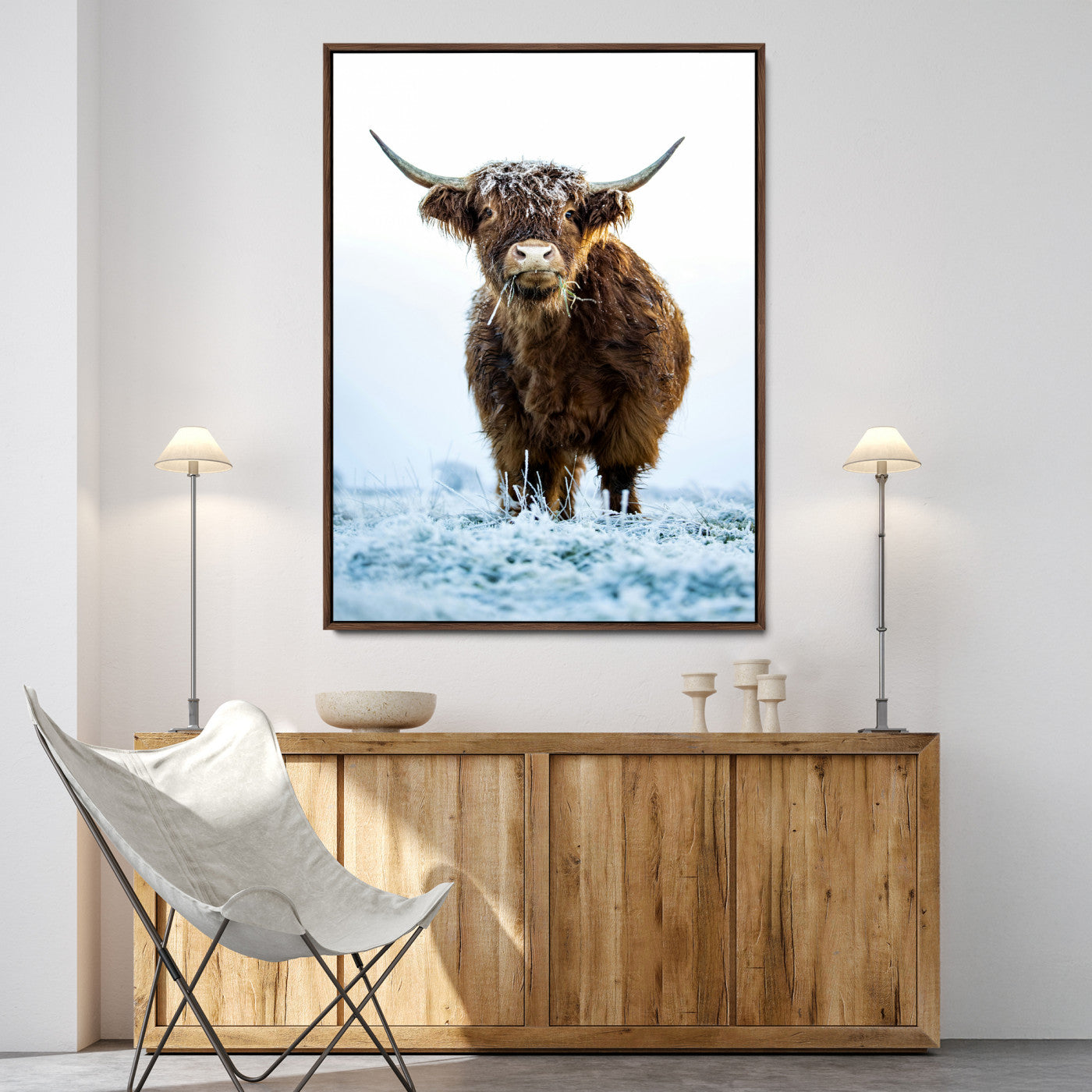 13375128-MGV-FC-36X24_Walnut-Highland Cow Canvas Print, Frosty Grass Print, Framed Winter Scene Art Print, Large Horned Animal Printing Rustic Farmhouse,