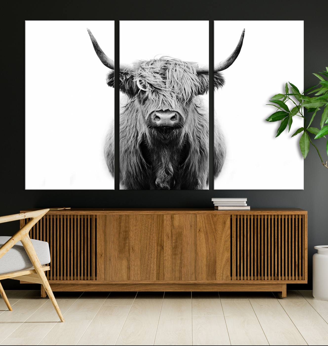 81315-MGV-CV-36X24-Highland Cow Canvas Wall Art Print – Farmhouse Black White Rustic Animal Cattle Artwork for Home, Office, Living Room