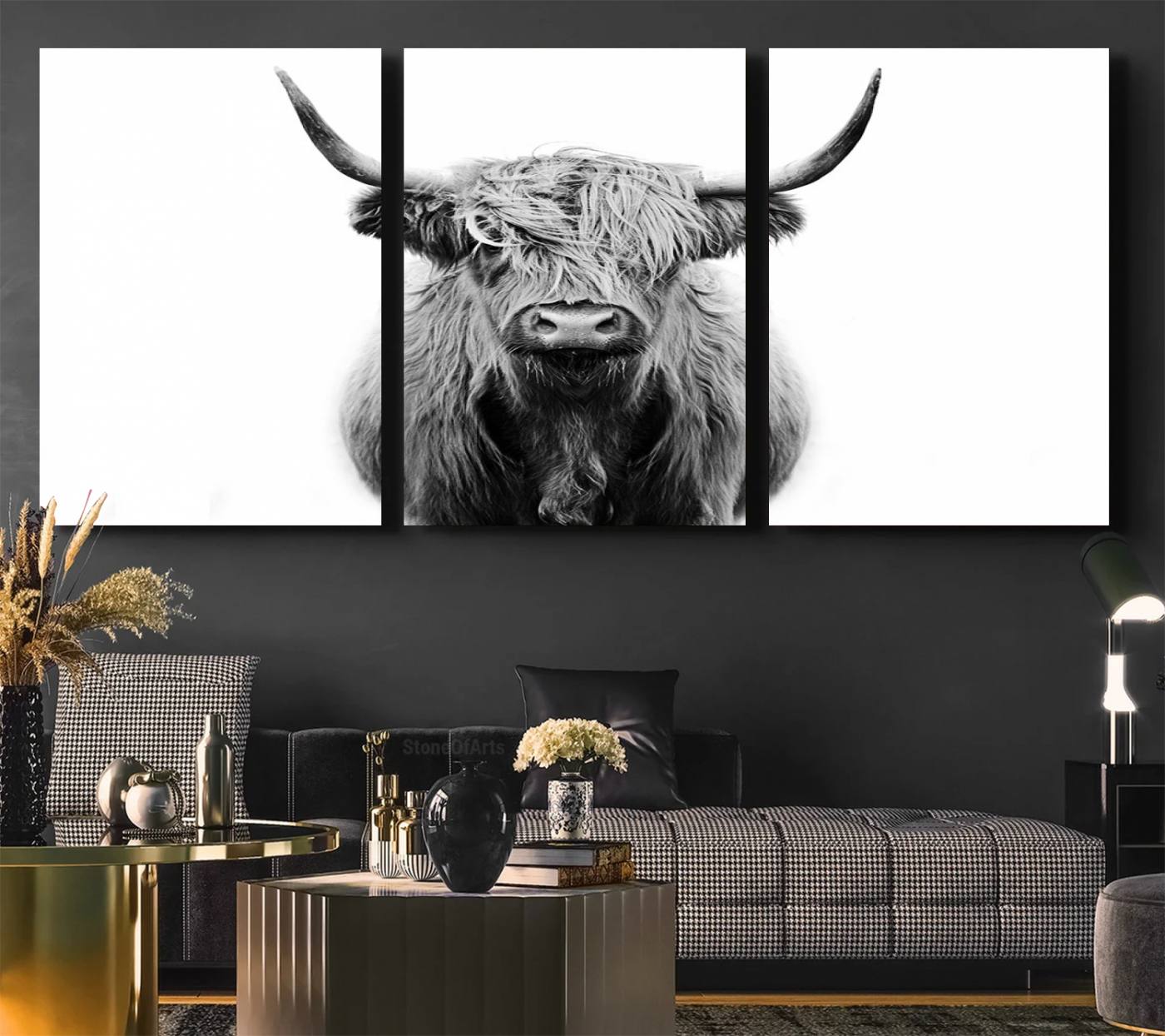 81315-MGV-CV-36X24-Highland Cow Canvas Wall Art Print – Farmhouse Black White Rustic Animal Cattle Artwork for Home, Office, Living Room
