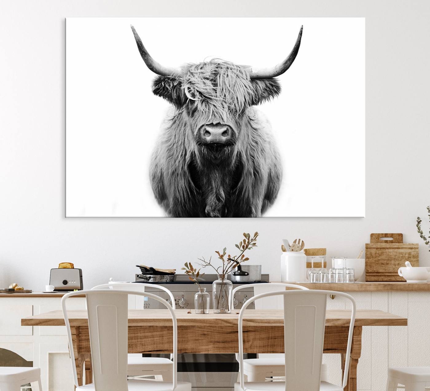 81315-MGV-CV-36X24-Highland Cow Canvas Wall Art Print – Farmhouse Black White Rustic Animal Cattle Artwork for Home, Office, Living Room