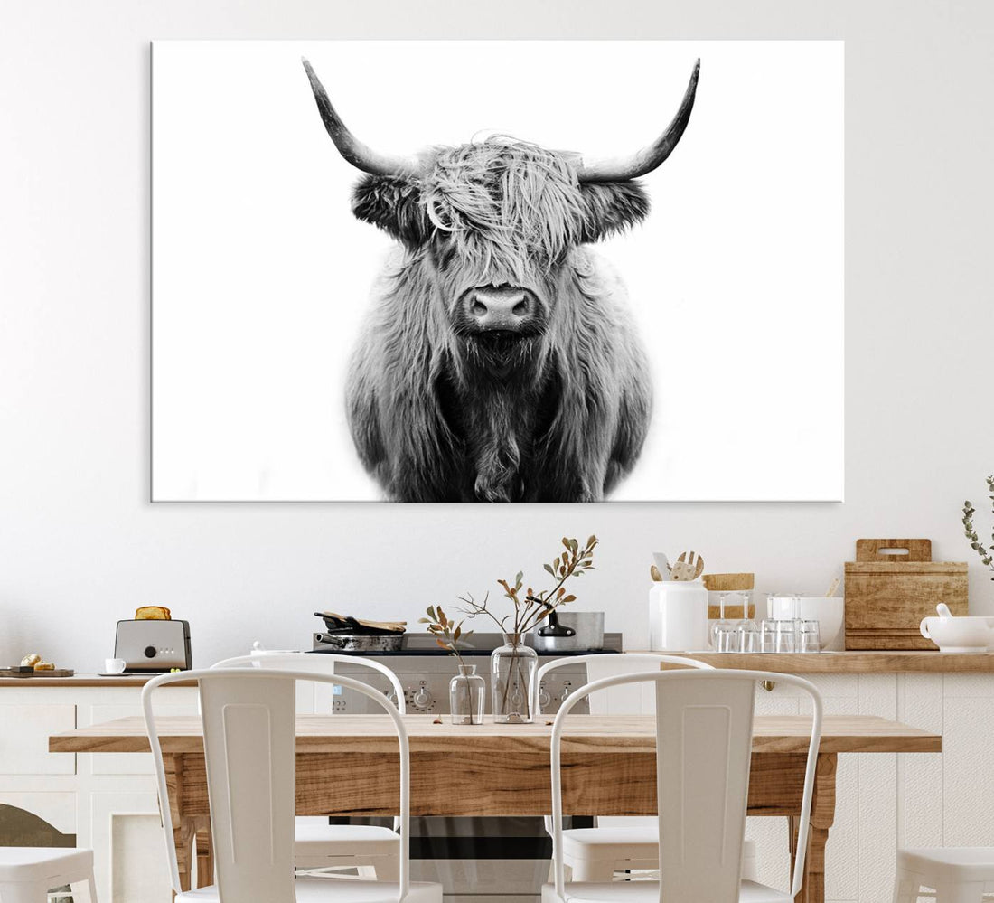 Highland Cow Canvas Wall Art Print, Farmhouse Black and White Rustic Scottish Cow Decor
