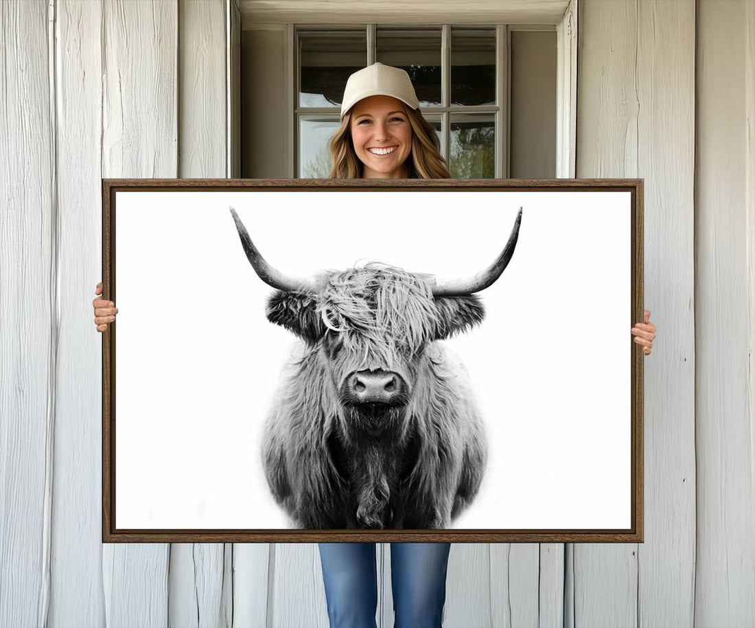 Highland Cow Canvas Wall Art Print, Farmhouse Black and White Rustic Scottish Cow Decor