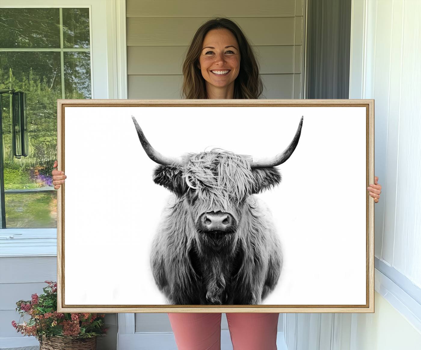 81315-MGV-CV-36X24-Highland Cow Canvas Wall Art Print – Farmhouse Black White Rustic Animal Cattle Artwork for Home, Office, Living Room