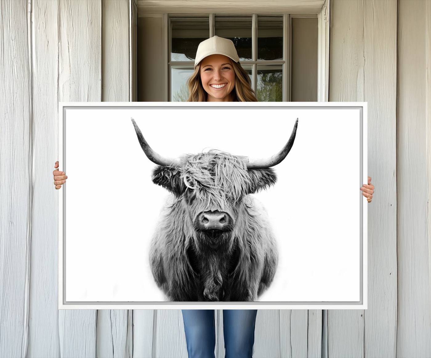81315-MGV-CV-36X24-Highland Cow Canvas Wall Art Print – Farmhouse Black White Rustic Animal Cattle Artwork for Home, Office, Living Room