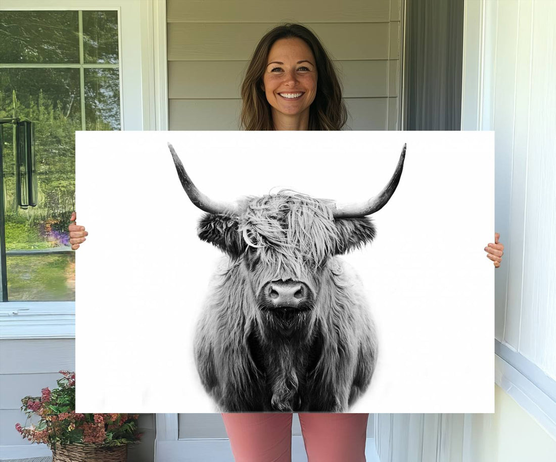 Highland Cow Canvas Wall Art Print, Farmhouse Black and White Rustic Scottish Cow Decor