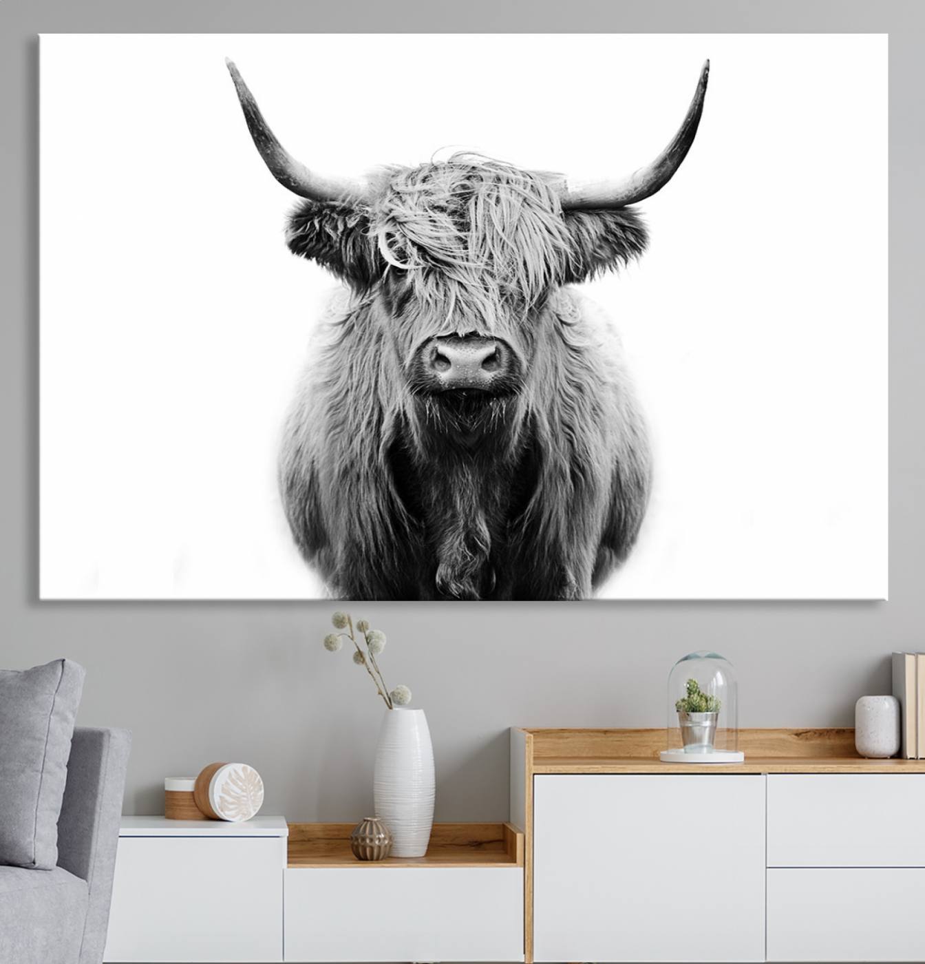 81315-MGV-CV-36X24-Highland Cow Canvas Wall Art Print – Farmhouse Black White Rustic Animal Cattle Artwork for Home, Office, Living Room