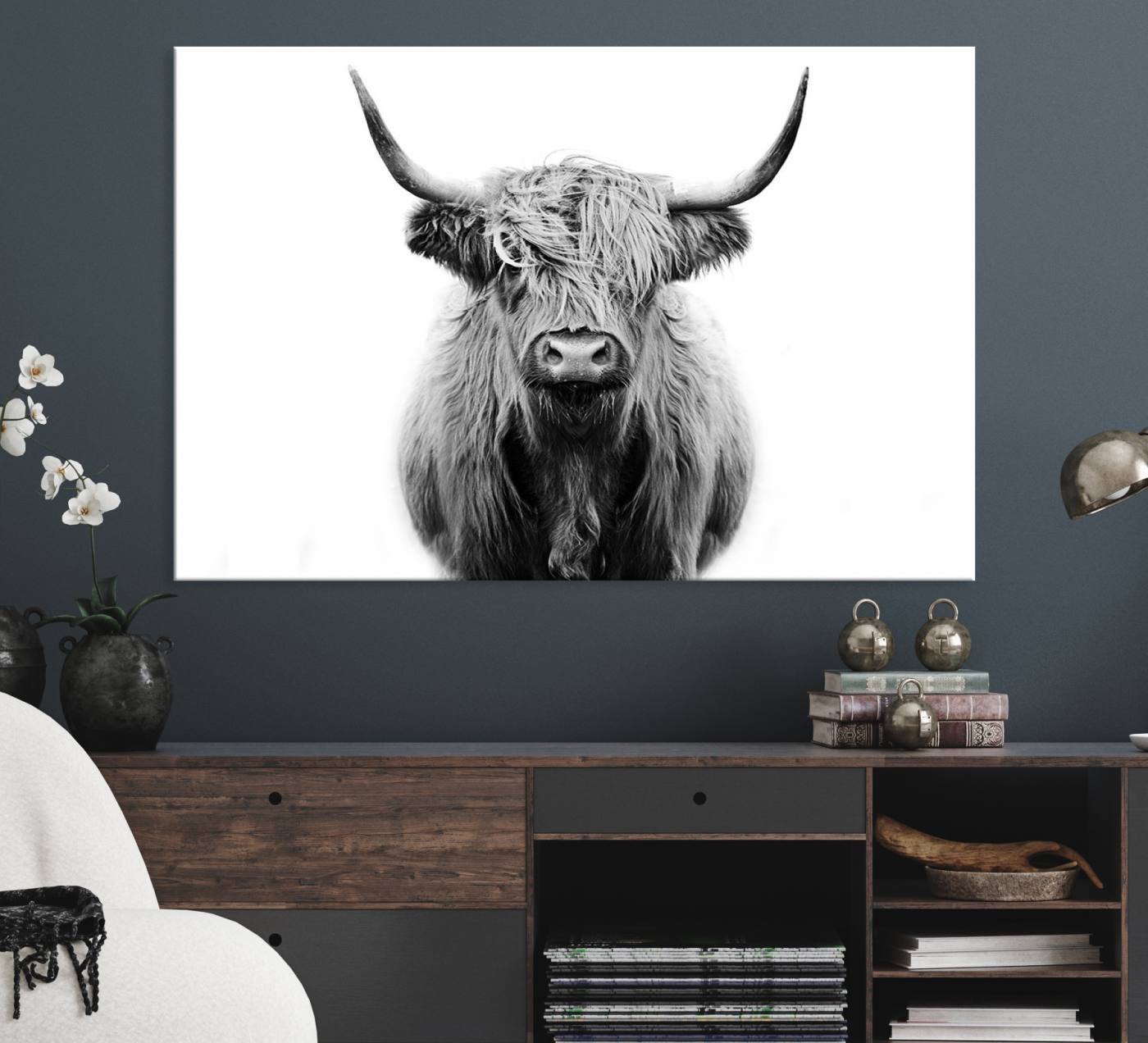 81315-MGV-CV-36X24-Highland Cow Canvas Wall Art Print – Farmhouse Black White Rustic Animal Cattle Artwork for Home, Office, Living Room