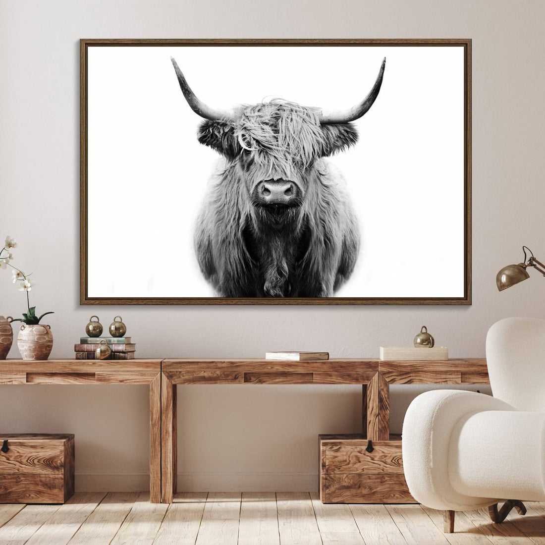 Highland Cow Canvas Wall Art Print, Farmhouse Black and White Rustic Scottish Cow Decor