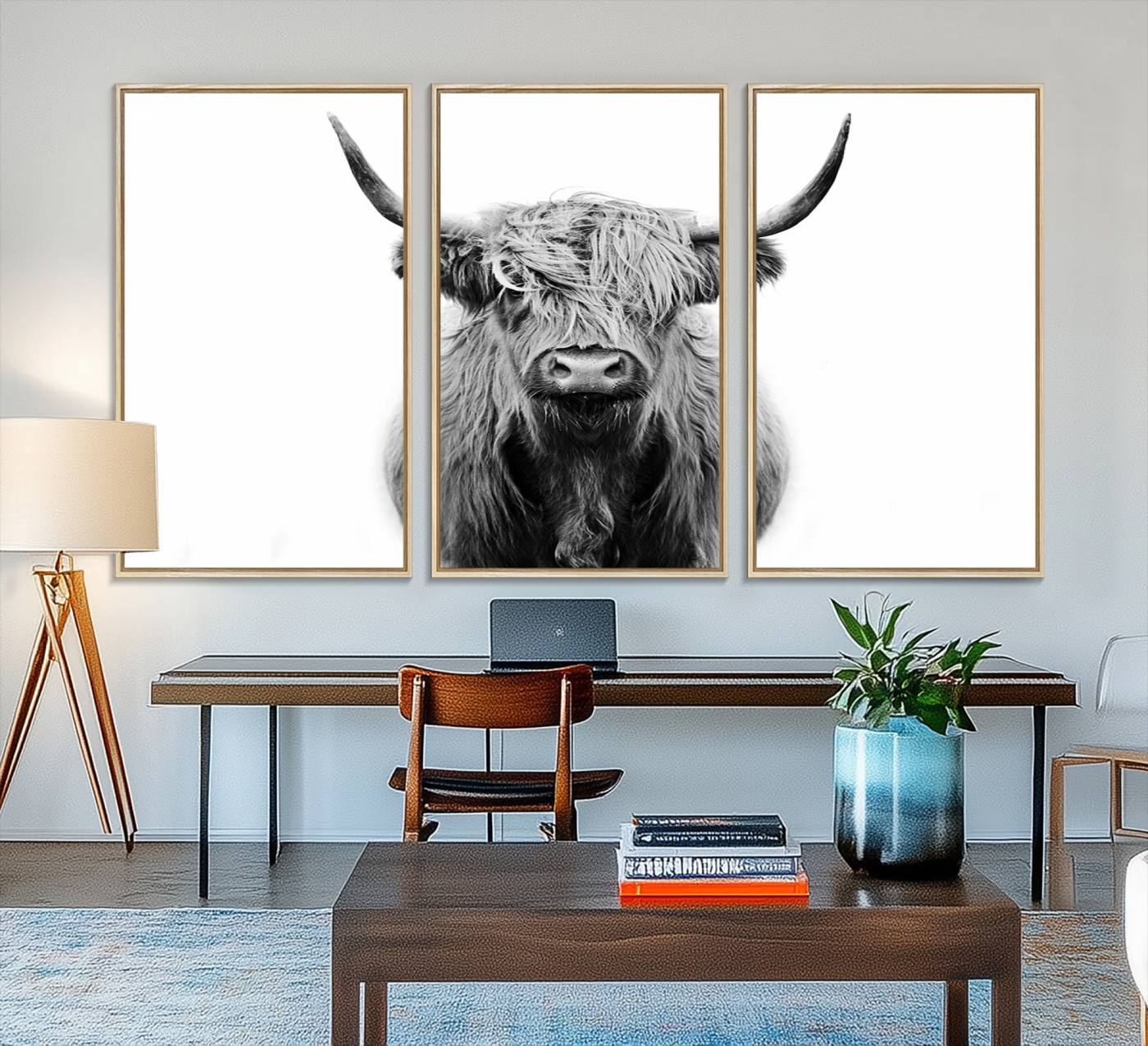 81315-MGV-FC-48X32-3P_Natural-Highland Cow Canvas Wall Art Print – Farmhouse Black White Rustic Animal Cattle Artwork for Home, Office, Living Room