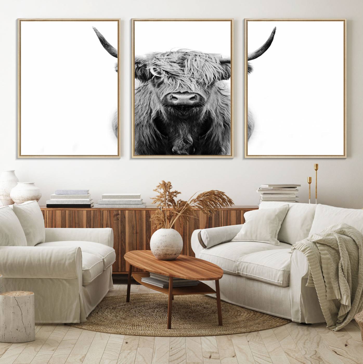 81315-MGV-FC-60X30-3P_Natural-Highland Cow Canvas Wall Art Print – Farmhouse Black White Rustic Animal Cattle Artwork for Home, Office, Living Room