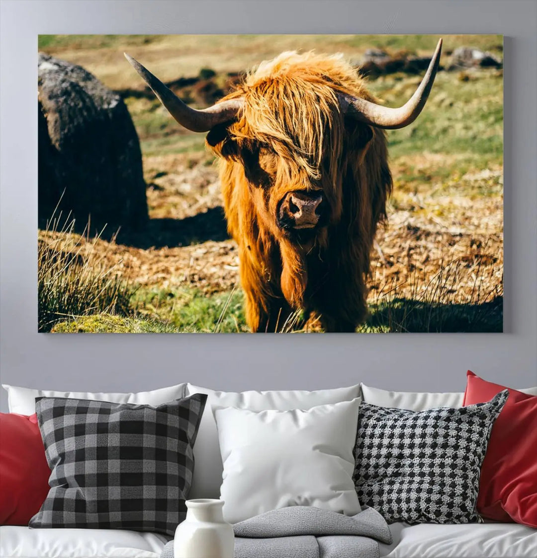 The living room features the Highland Cow Canvas Wall Art, a triptych printed on museum-quality canvas, displayed gracefully above.