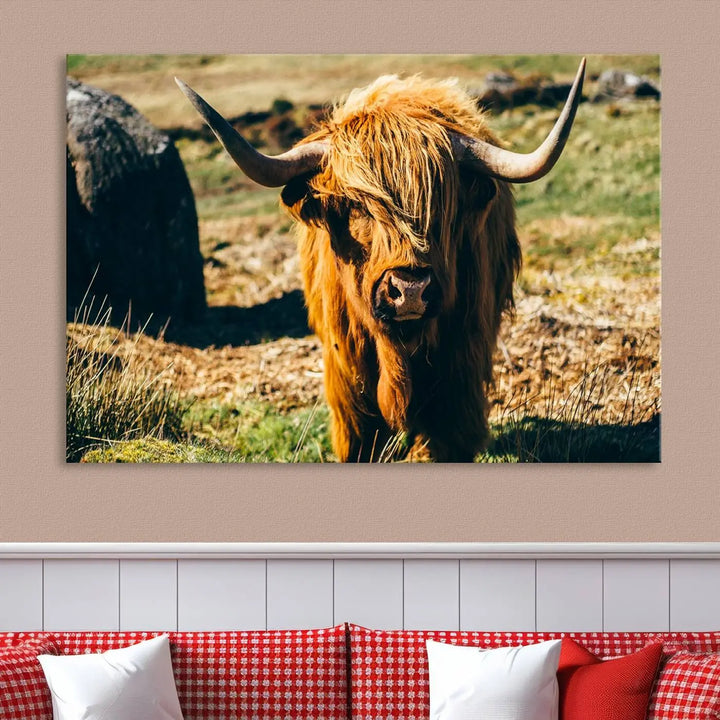 The living room features the Highland Cow Canvas Wall Art, a triptych printed on museum-quality canvas, displayed gracefully above.