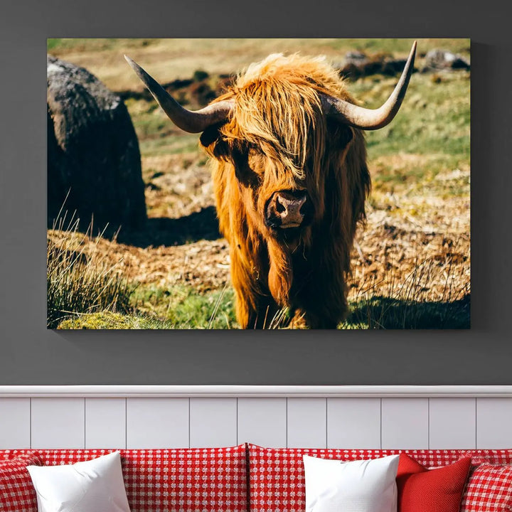 The living room features the Highland Cow Canvas Wall Art, a triptych printed on museum-quality canvas, displayed gracefully above.