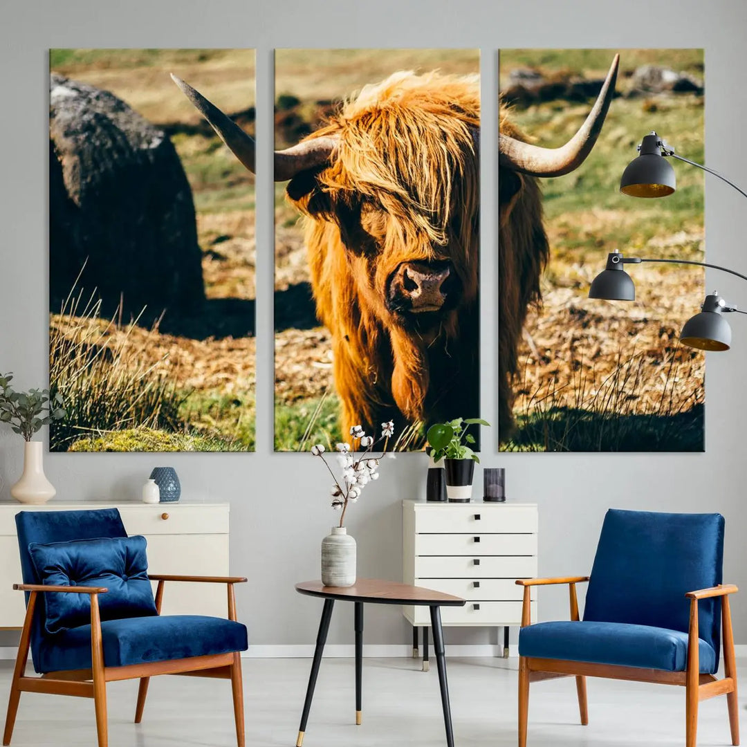 The living room features the Highland Cow Canvas Wall Art, a triptych printed on museum-quality canvas, displayed gracefully above.