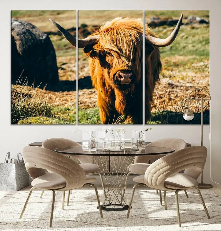 The living room features the Highland Cow Canvas Wall Art, a triptych printed on museum-quality canvas, displayed gracefully above.