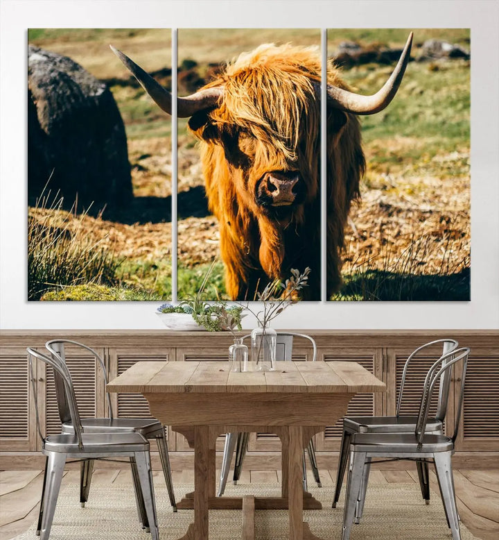 The living room features the Highland Cow Canvas Wall Art, a triptych printed on museum-quality canvas, displayed gracefully above.