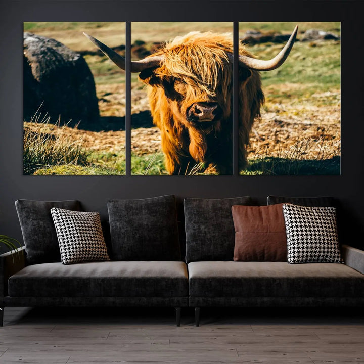 The living room features the Highland Cow Canvas Wall Art, a triptych printed on museum-quality canvas, displayed gracefully above.