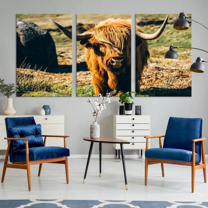 The living room features the Highland Cow Canvas Wall Art, a triptych printed on museum-quality canvas, displayed gracefully above.