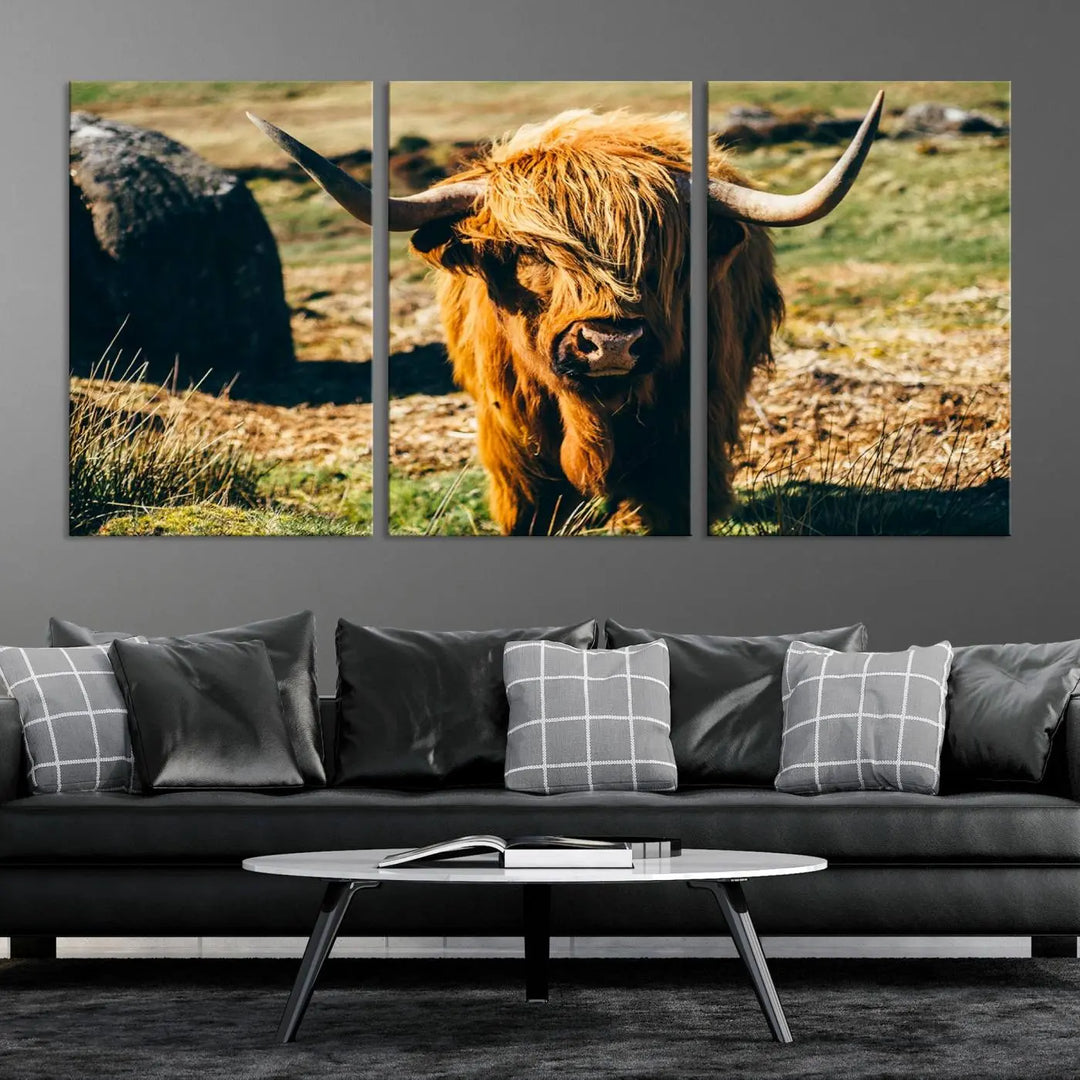 The living room features the Highland Cow Canvas Wall Art, a triptych printed on museum-quality canvas, displayed gracefully above.