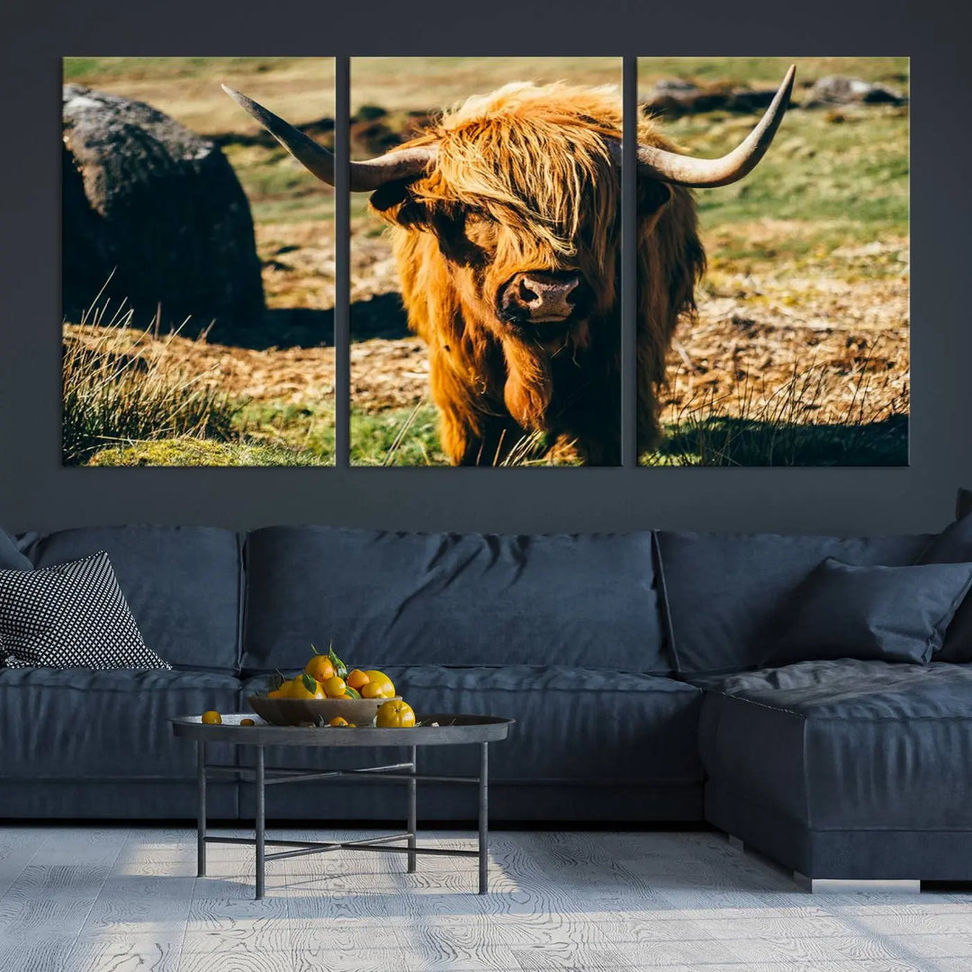 The living room features the Highland Cow Canvas Wall Art, a triptych printed on museum-quality canvas, displayed gracefully above.