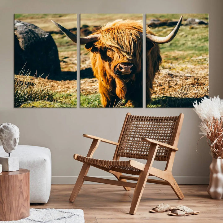 The living room features the Highland Cow Canvas Wall Art, a triptych printed on museum-quality canvas, displayed gracefully above.