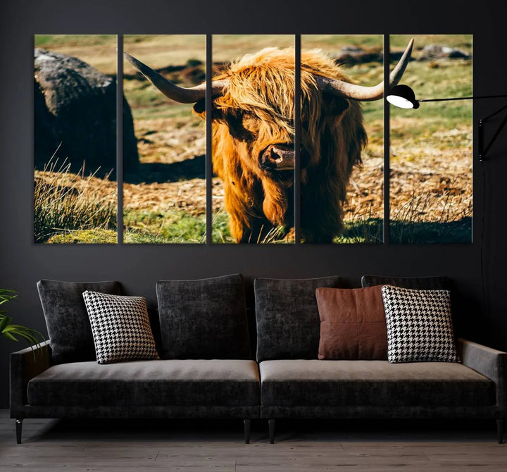 The living room features the Highland Cow Canvas Wall Art, a triptych printed on museum-quality canvas, displayed gracefully above.