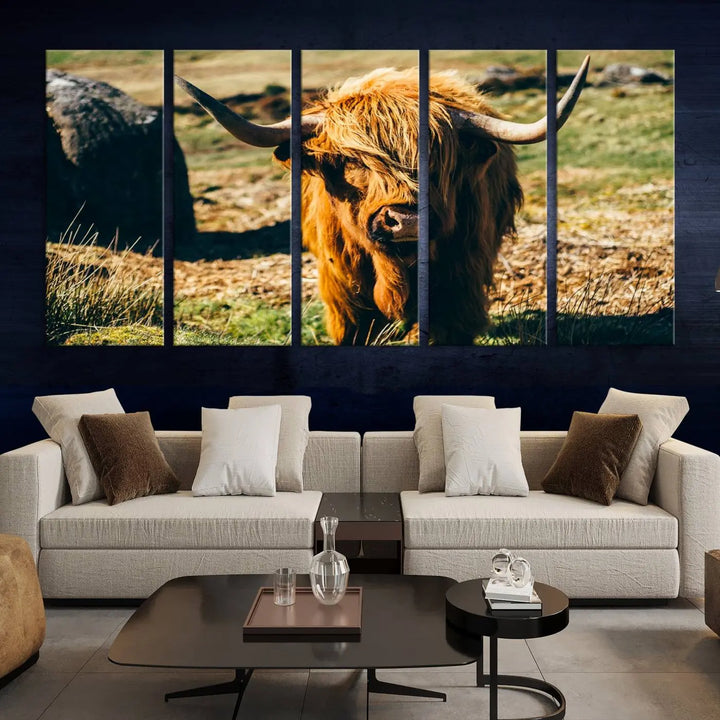 The living room features the Highland Cow Canvas Wall Art, a triptych printed on museum-quality canvas, displayed gracefully above.