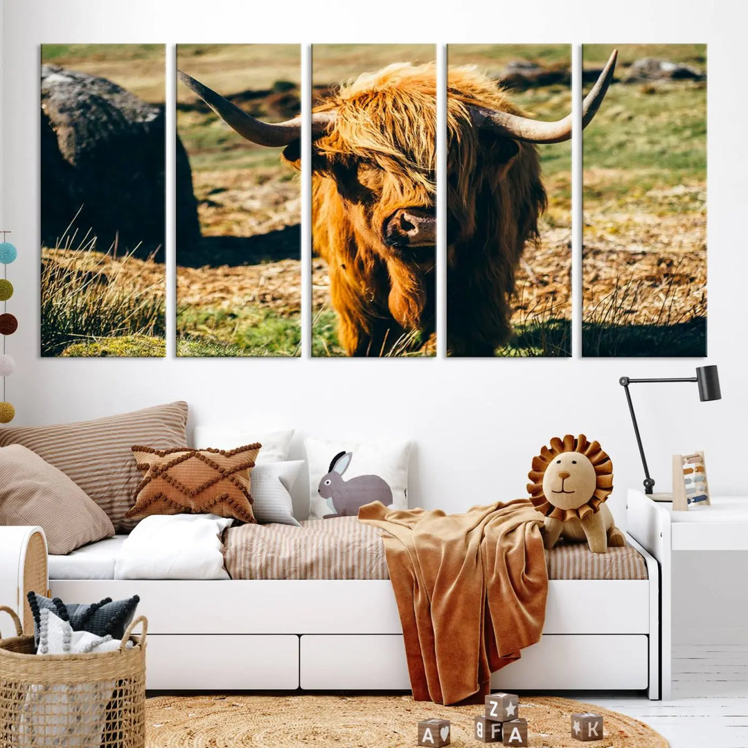 The living room features the Highland Cow Canvas Wall Art, a triptych printed on museum-quality canvas, displayed gracefully above.