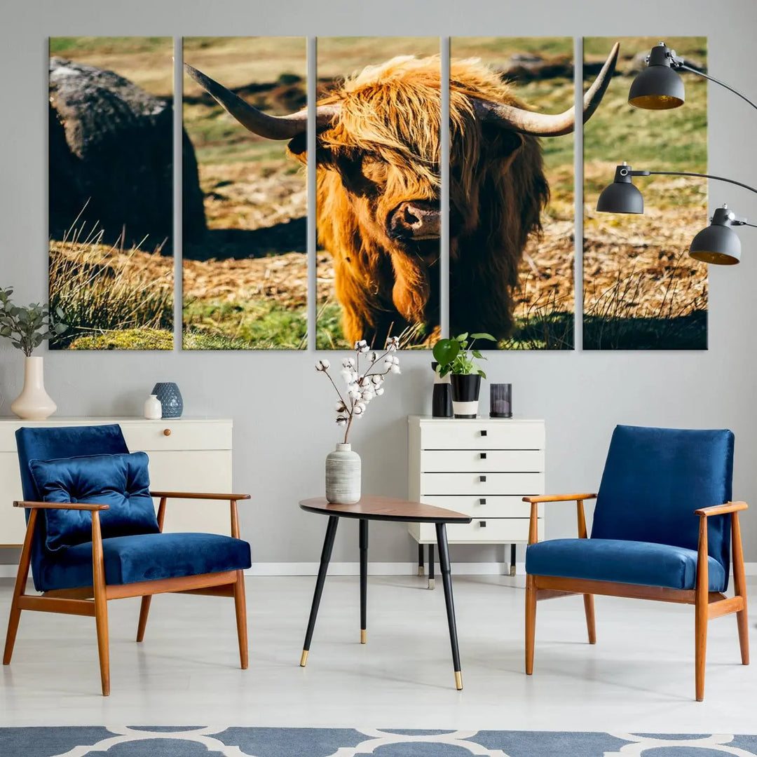 The living room features the Highland Cow Canvas Wall Art, a triptych printed on museum-quality canvas, displayed gracefully above.