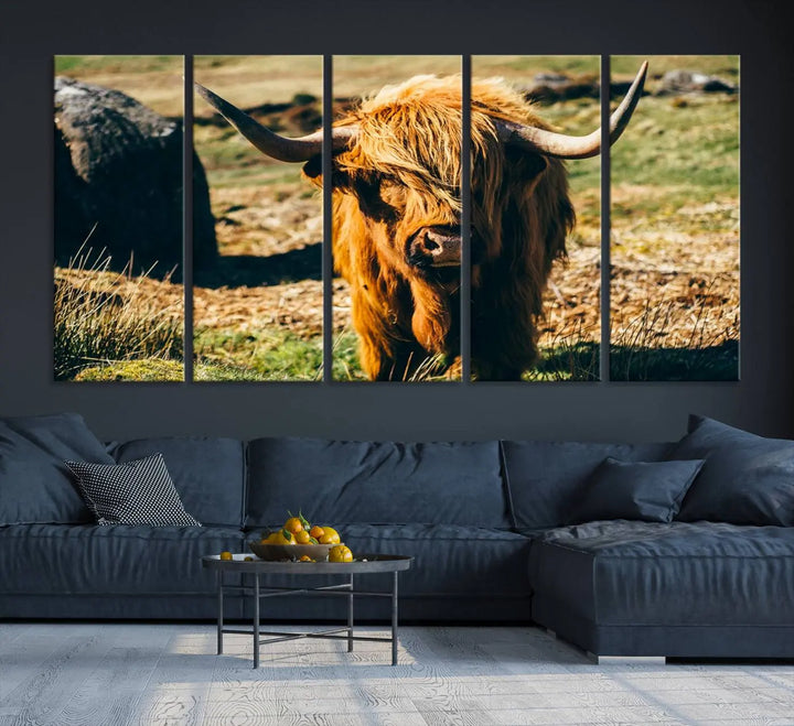 The living room features the Highland Cow Canvas Wall Art, a triptych printed on museum-quality canvas, displayed gracefully above.