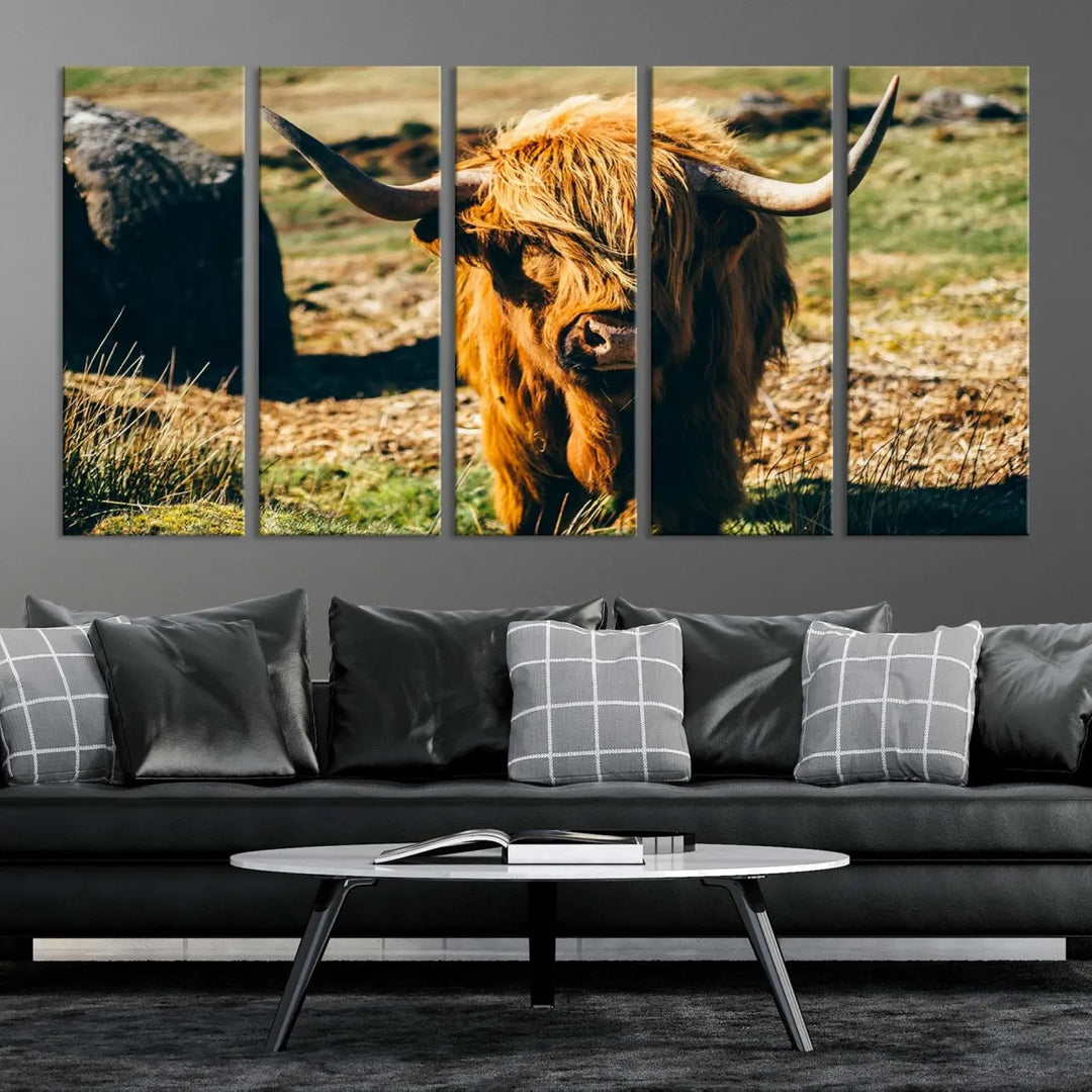 The living room features the Highland Cow Canvas Wall Art, a triptych printed on museum-quality canvas, displayed gracefully above.