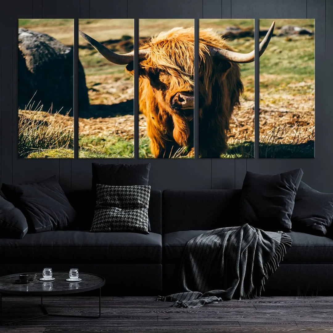 The living room features the Highland Cow Canvas Wall Art, a triptych printed on museum-quality canvas, displayed gracefully above.