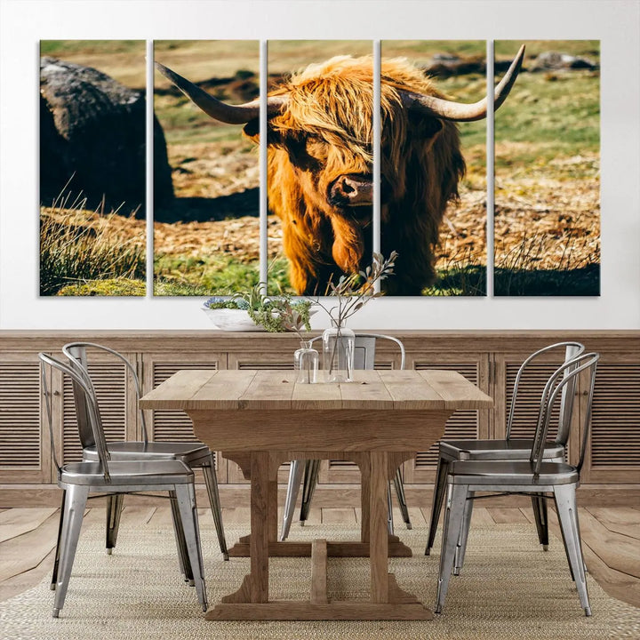 The living room features the Highland Cow Canvas Wall Art, a triptych printed on museum-quality canvas, displayed gracefully above.