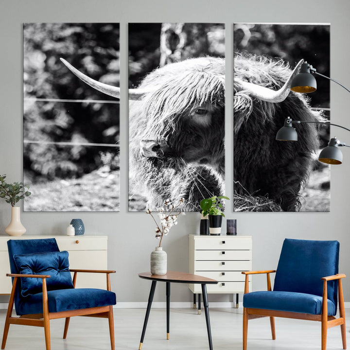 Highland Cow Canvas Wall Art – Black and White Minimalist Triptych – Rustic Farmhouse Decor for Living Room or Office – Ready to Hang