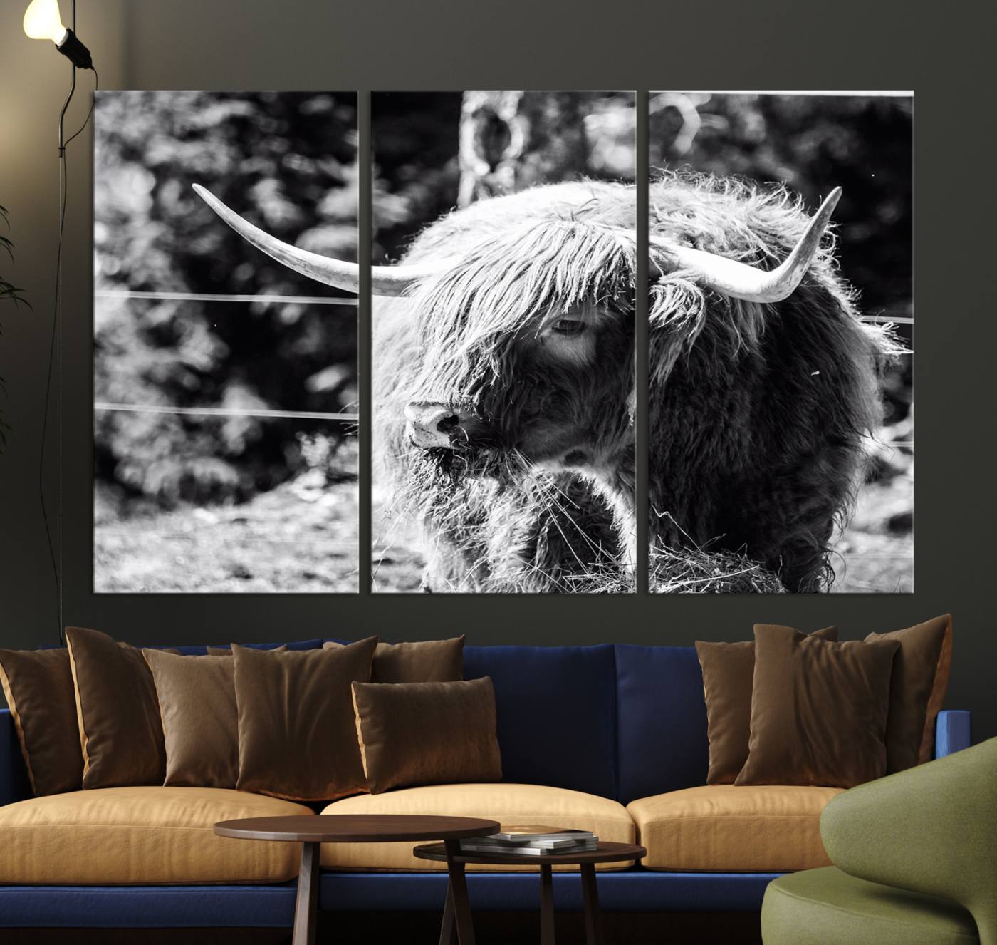 78906-MGV-CV-36X24-Highland Cow Canvas Wall Art – Black and White Minimalist Triptych – Rustic Farmhouse Decor for