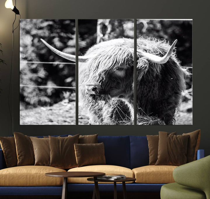 Highland Cow Canvas Wall Art – Black and White Minimalist Triptych – Rustic Farmhouse Decor for Living Room or Office – Ready to Hang