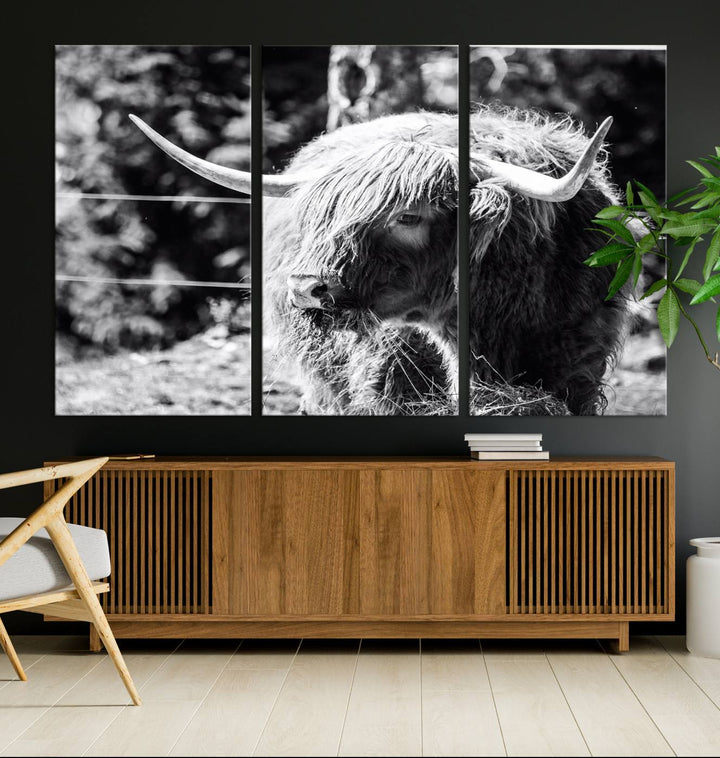 Highland Cow Canvas Wall Art – Black and White Minimalist Triptych – Rustic Farmhouse Decor for Living Room or Office – Ready to Hang