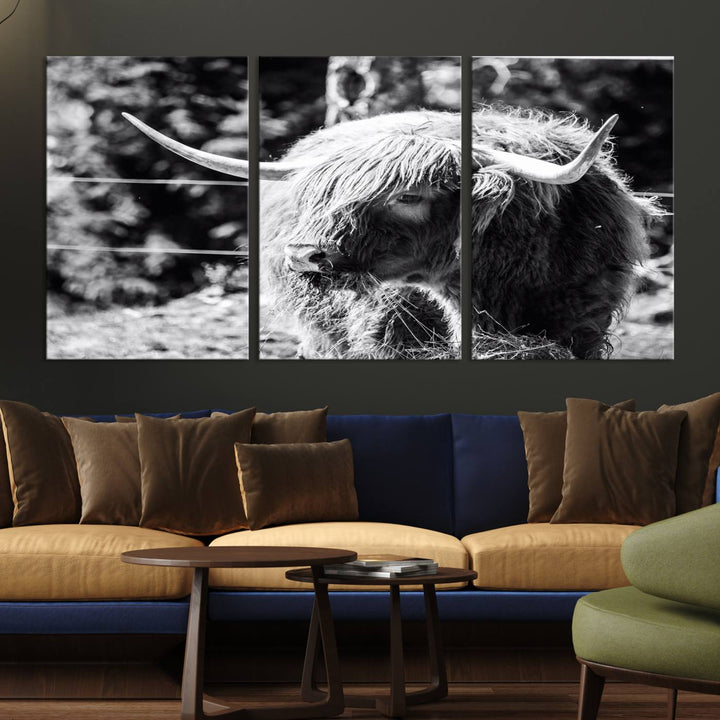 Highland Cow Canvas Wall Art – Black and White Minimalist Triptych – Rustic Farmhouse Decor for Living Room or Office – Ready to Hang