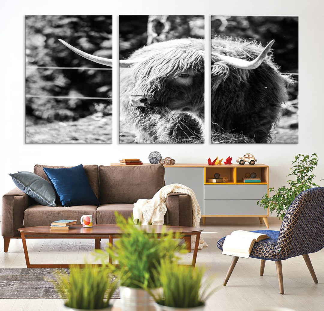 Highland Cow Canvas Wall Art – Black and White Minimalist Triptych – Rustic Farmhouse Decor for Living Room or Office – Ready to Hang